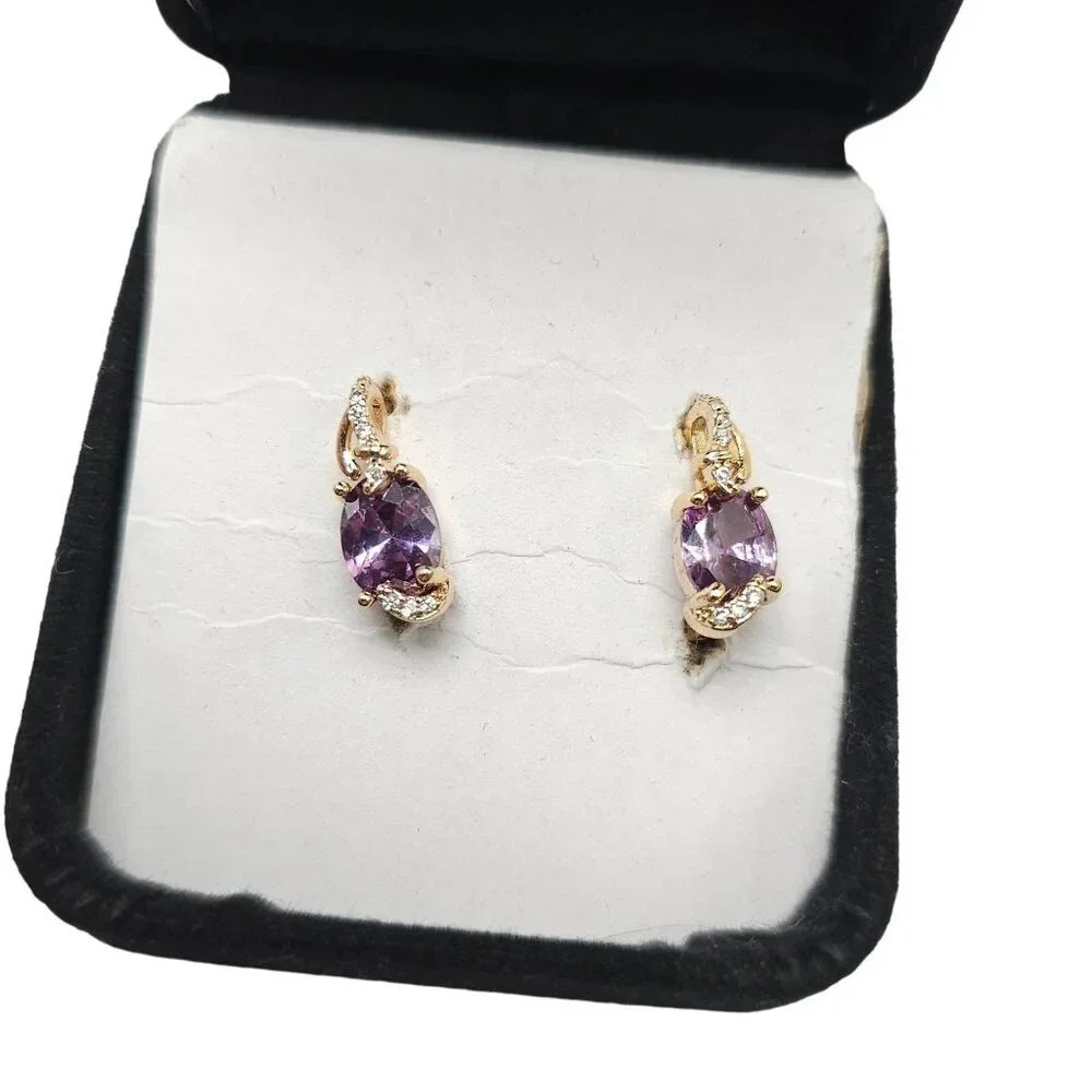 Clear Rhinestone Oval Purple Amethyst Hoop Earrings Gold Plated Vintage